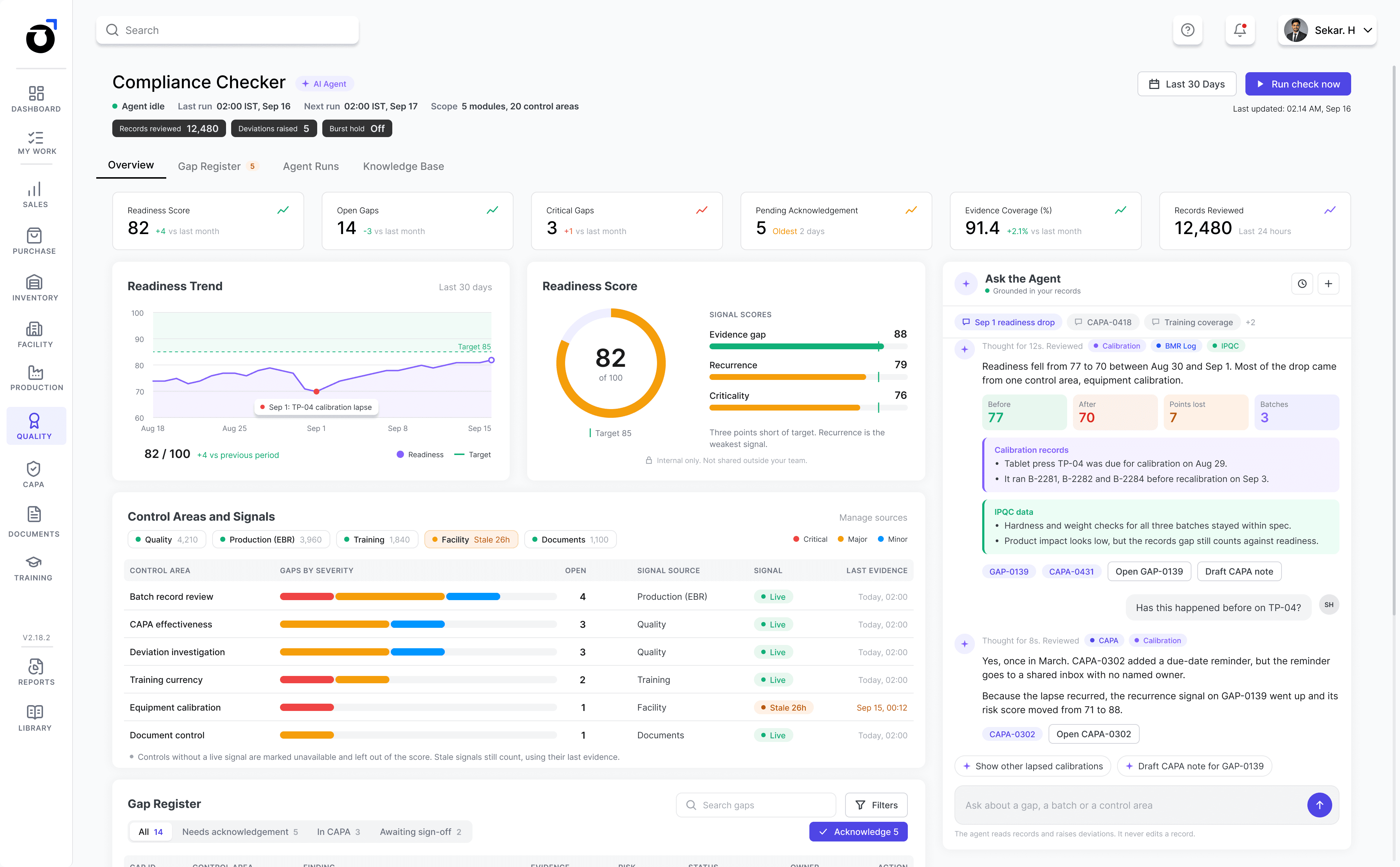 Factro AI Compliance Checker dashboard showing readiness score, compliance gaps, evidence coverage, control signals and a grounded AI agent